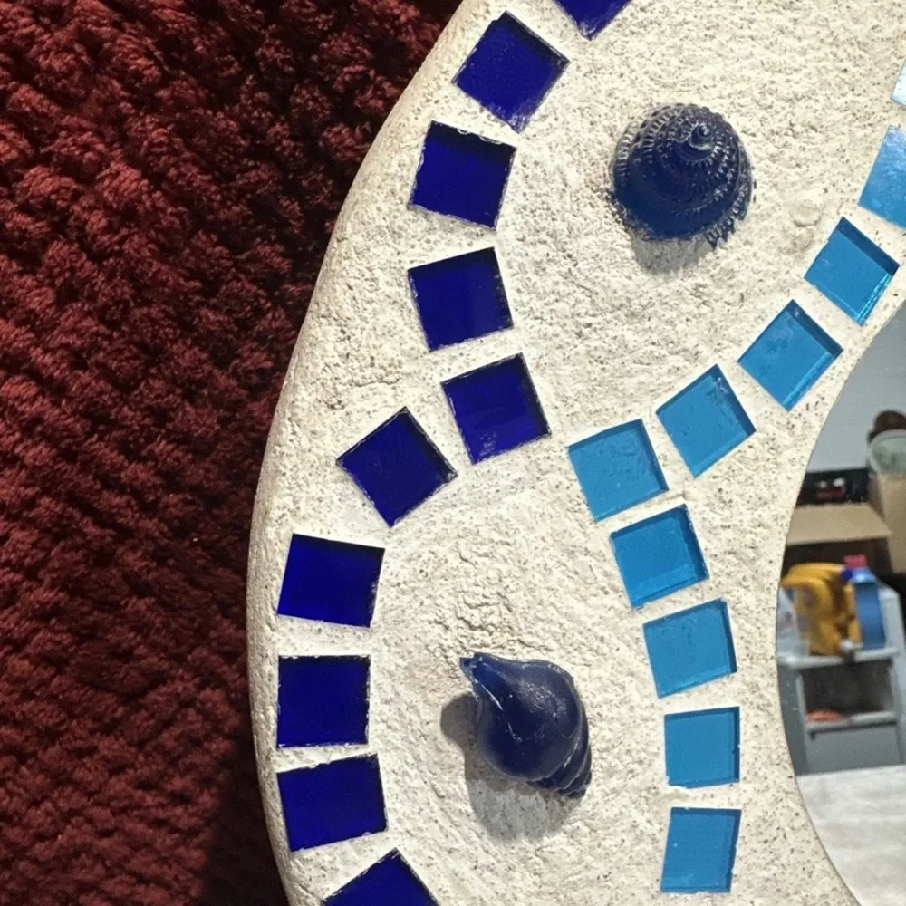 Coastal Mosaic Mirror Seashell Starfish Blue Tile Beach Decor Round Wall Art 12”